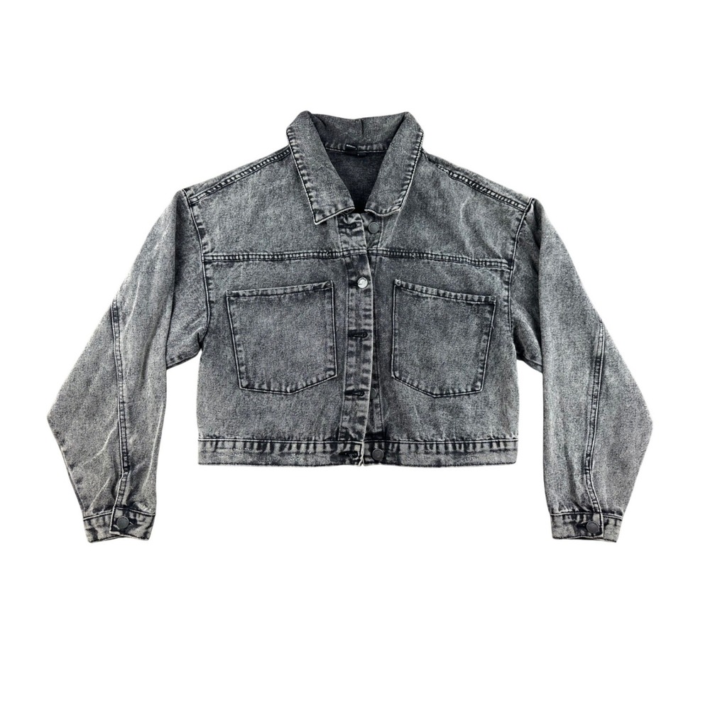 Windsor Denim Jacket Women M Gray Acid Wash Cropped 100% Cotton Button Front